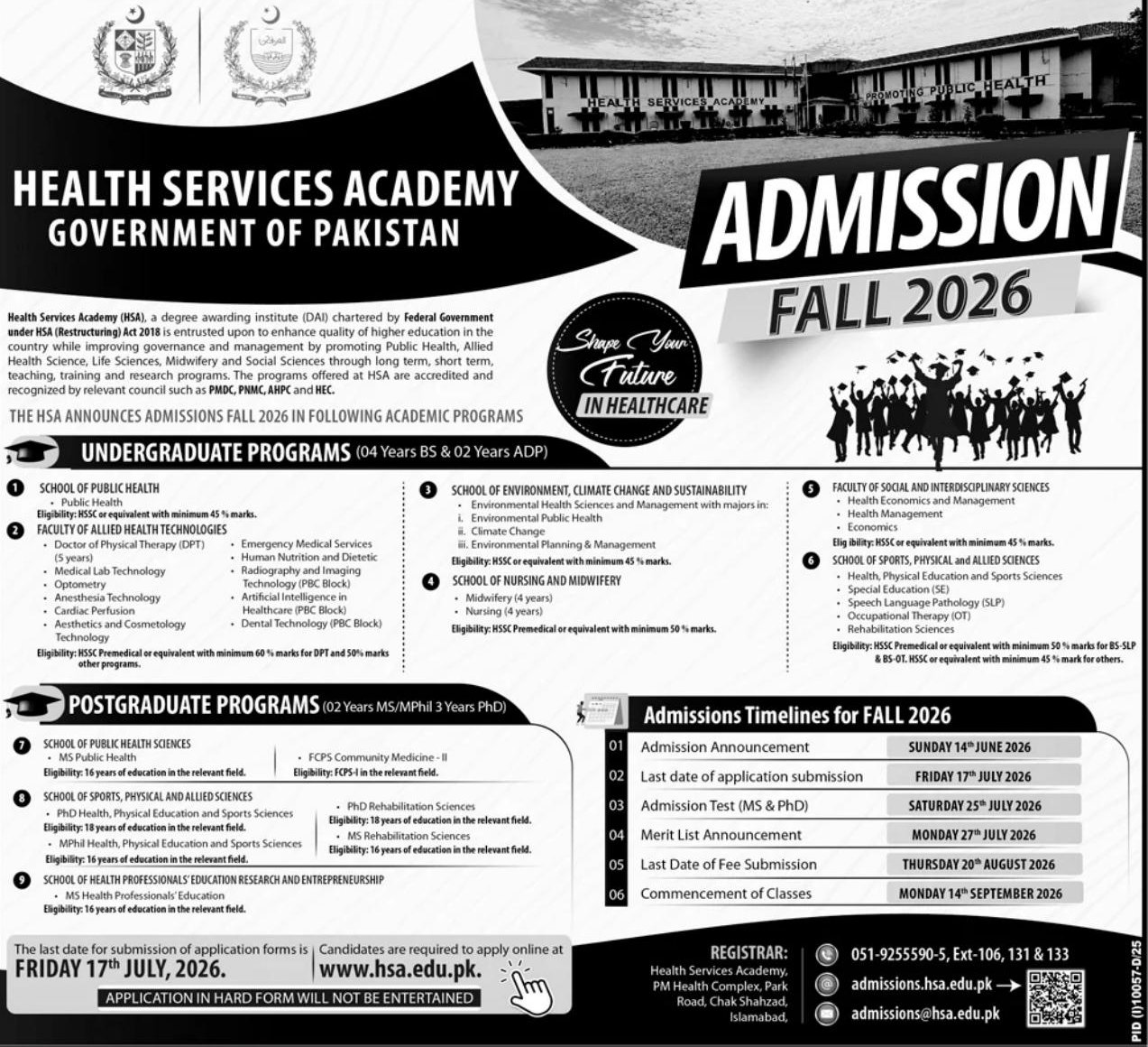 ADMISSION FALL 2026 – Health Services Academy, Government of Pakistan Jobs 2026