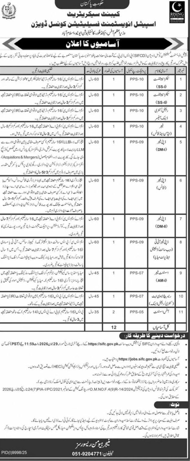 Jobs in Cabinet of Pakistan - Special Investment Facilitation Council (SIFC) Division Jobs 2026