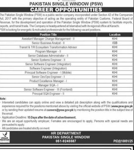 PAKISTAN SINGLE WINDOW (PSW) CAREER OPPORTUNITIES Jobs 2026