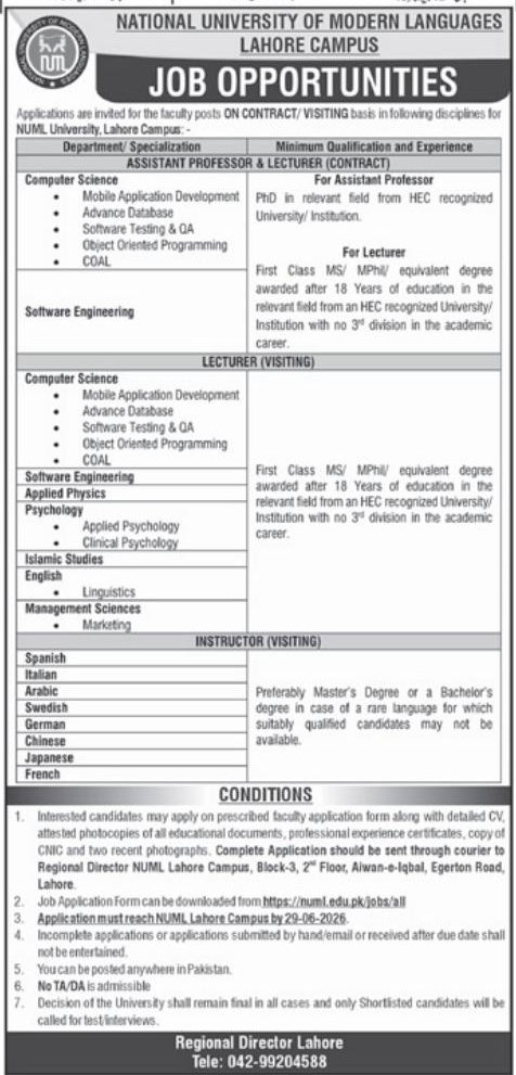 National University of Modern Languages (NUML), Lahore Campus Jobs 2026 – Lahore