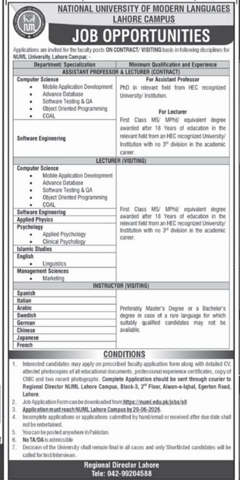 National University of Modern Languages (NUML) Lahore Campus Jobs 2026 – Lahore