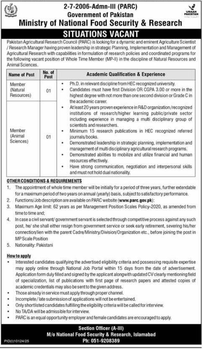 Situations Vacant - Whole Time Member (MP-II) – Pakistan Agricultural Research Council (PARC), Ministry of National Food Security & Research, Government of Pakistan Jobs 2026