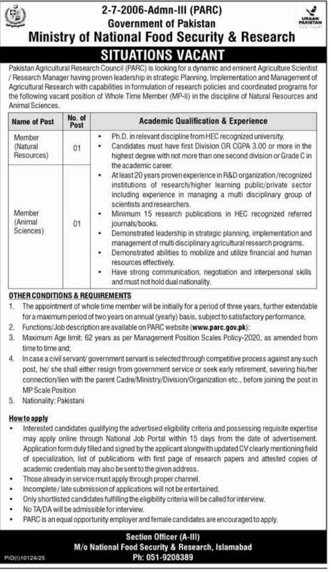 Pakistan Agricultural Research Council (PARC), Ministry of National Food Security & Research, Government of Pakistan Jobs 2026 – Islamabad