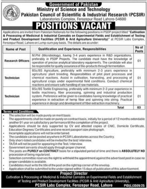 Pakistan Council of Scientific & Industrial Research (PCSIR), Ministry of Science and Technology, Government of Pakistan Jobs 2026 – Lahore