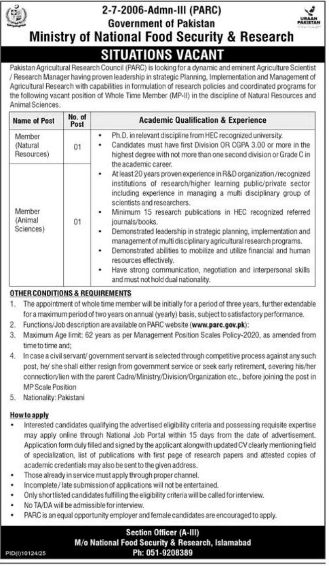Situations Vacant - Whole Time Member (MP-II) – Pakistan Agricultural Research Council (PARC), Ministry of National Food Security & Research, Government of Pakistan Jobs 2026