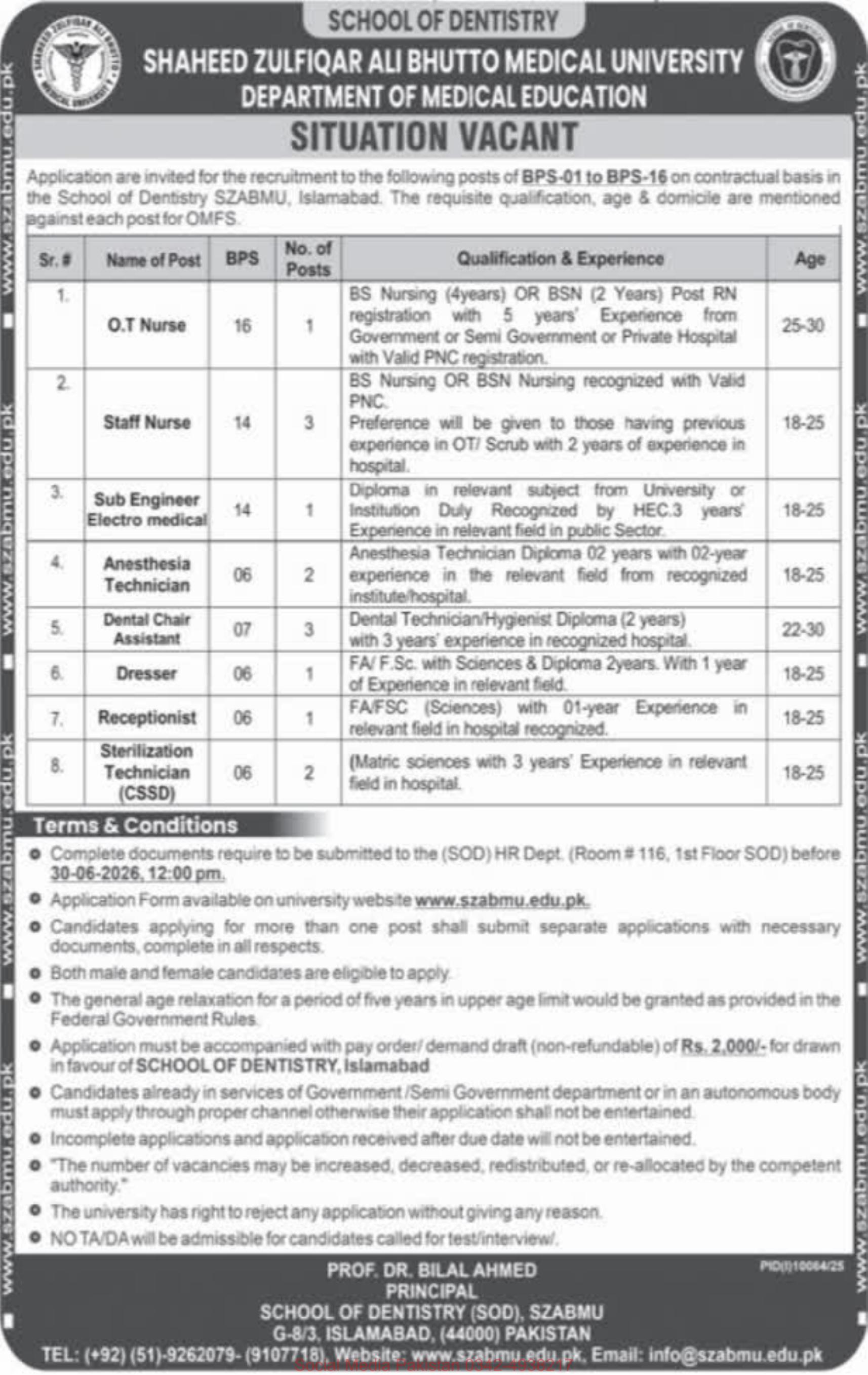 Shaheed Zulfiqar Ali Bhutto Medical University (SZABMU), School of Dentistry, Department of Medical Education Jobs 2026 – Islamabad