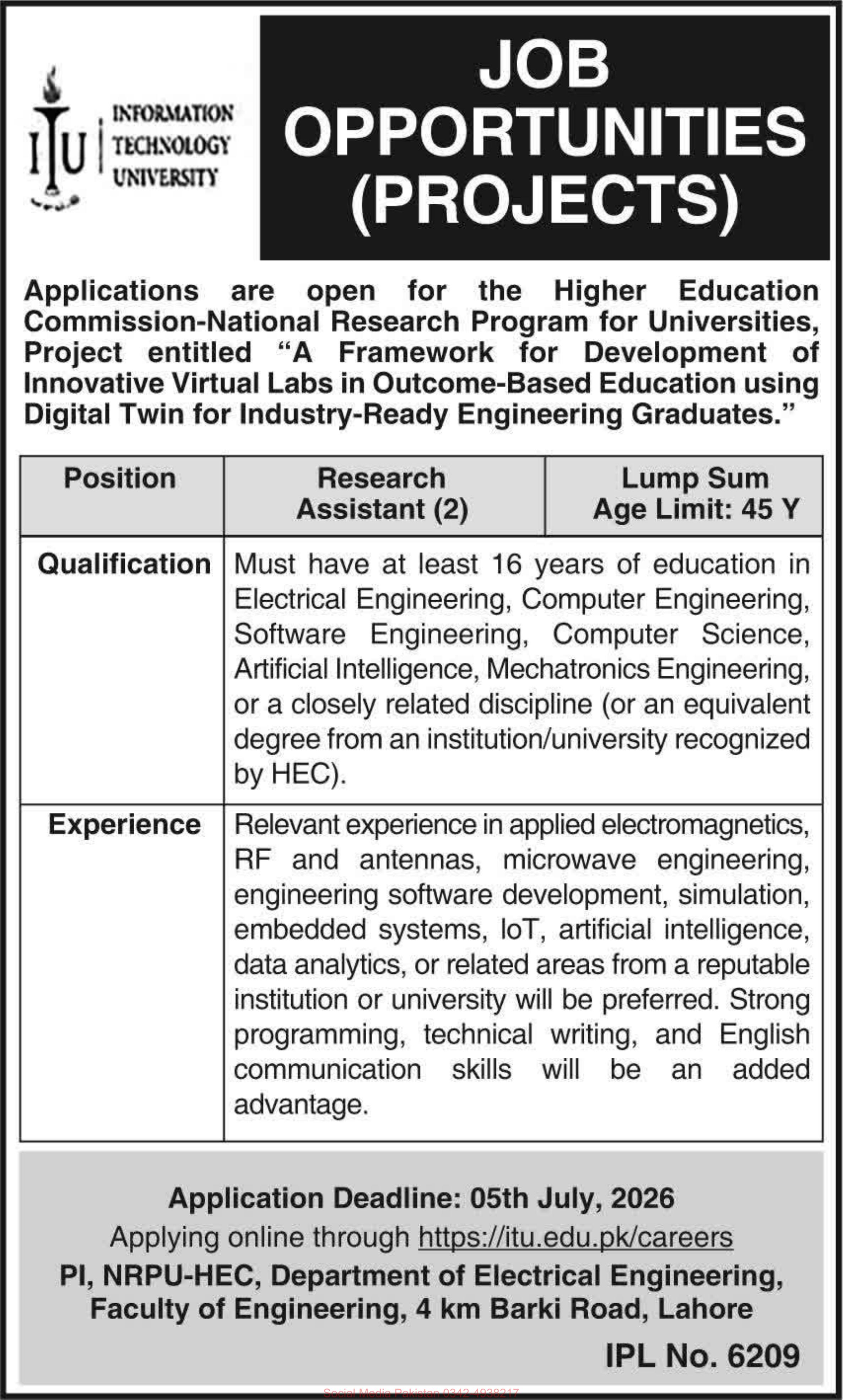 Job Opportunities (Projects) – Information Technology University (ITU) Jobs 2026
