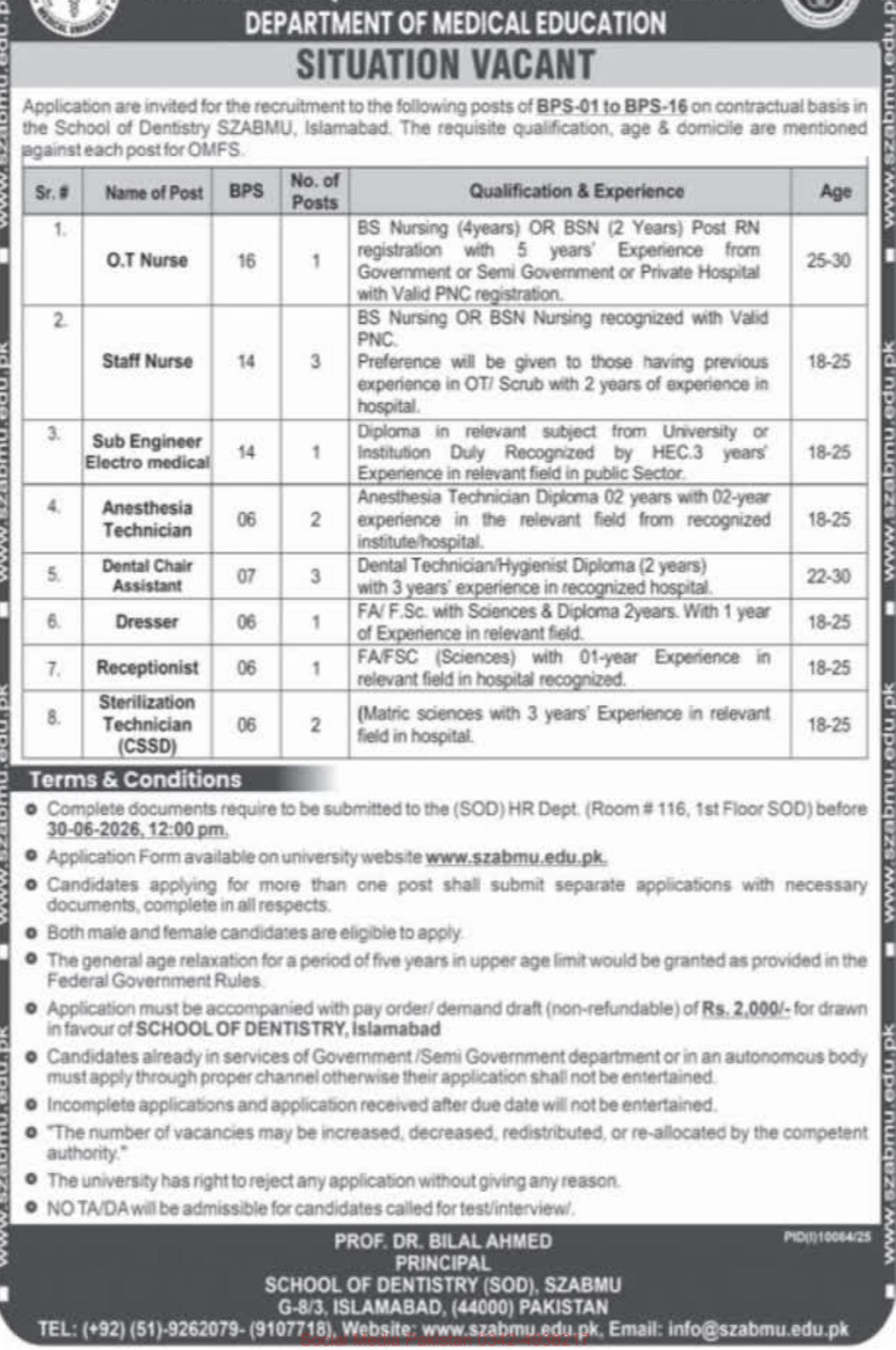 Department of Medical Education, School of Dentistry (SOD), SZABMU, Islamabad Jobs 2026 – Islamabad