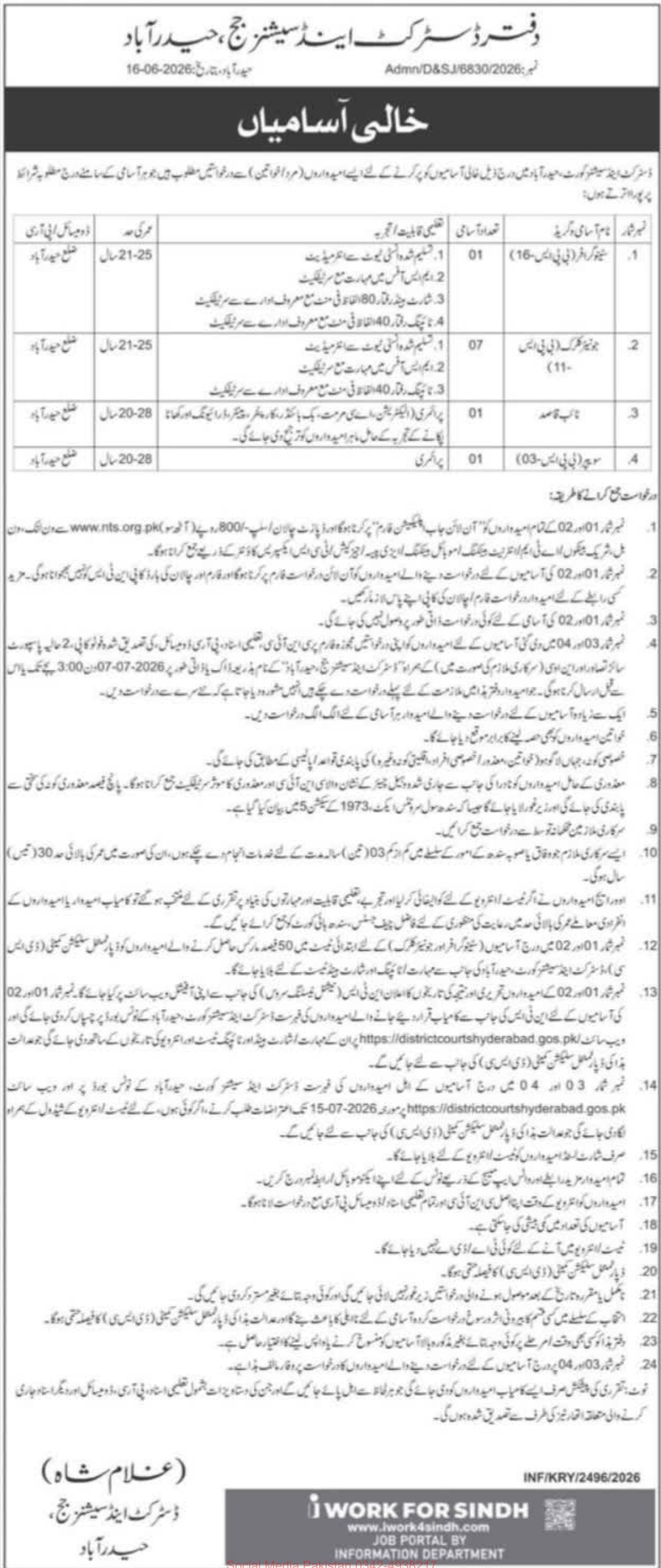 خالی آسامیاں – دفتر ڈسٹرکٹ اینڈ سیشنز جج، حیدرآباد Jobs 2026
