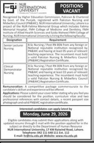 NUR International University Jobs 2026 – Lahore