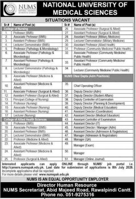 National University of Medical Sciences (NUMS) Jobs 2026 – Rawalpindi