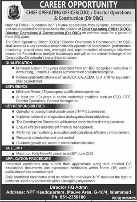 Chief Operating Officer (COO) / Director Operations & Construction (Dir O&C) – National Police Foundation (NPF) Jobs 2026