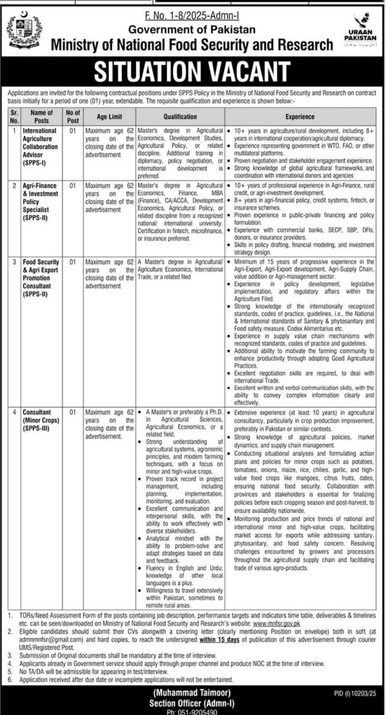 Situation Vacant – Contractual Positions under SPPS Policy – Government of Pakistan, Ministry of National Food Security and Research Jobs 2026