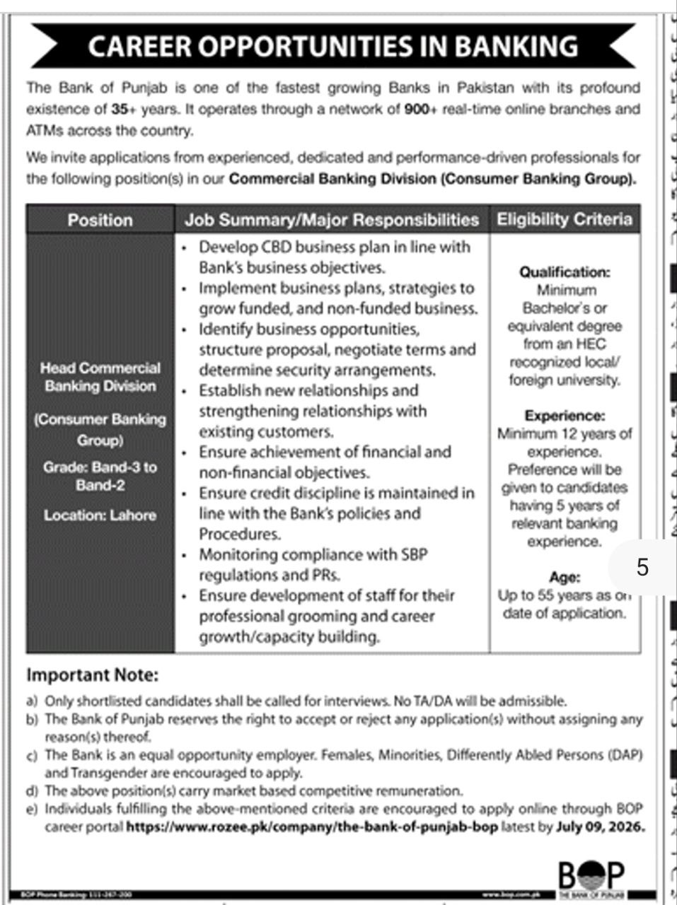 Career Opportunities in Banking – The Bank of Punjab (BOP) Jobs 2026