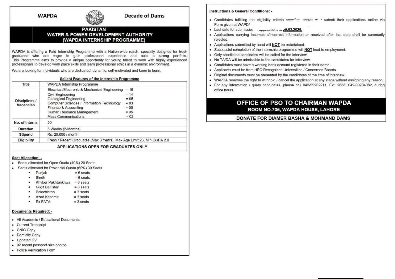 WAPDA Internship Programme – Pakistan Water & Power Development Authority (WAPDA) Jobs 2026