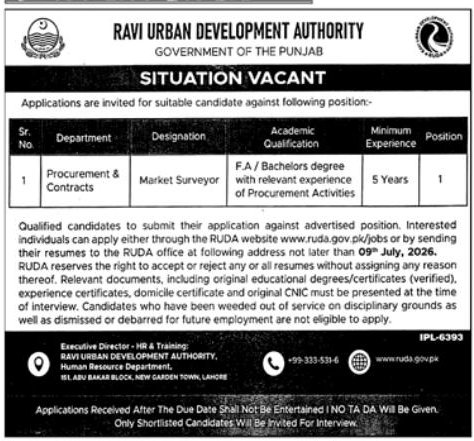 Ravi Urban Development Authority (RUDA), Government of the Punjab Jobs 2026 – 151, Abu Bakar Block, New Garden Town, Lahore