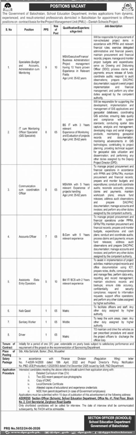 Government of Balochistan, School Education Department (Section Officer Schools) Jobs 2026 – Balochistan (Place of Posting: Sibi, Killa Saifullah, Baikar, Zhob, Musakhel)