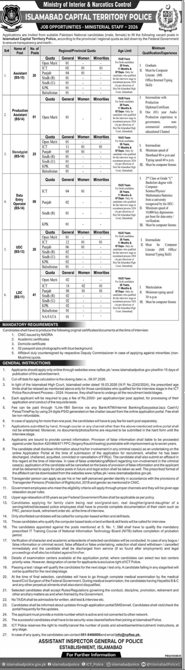 Job Opportunities - Ministerial Staff - 2026 – Ministry of Interior & Narcotics Control - Islamabad Capital Territory Police Jobs 2026