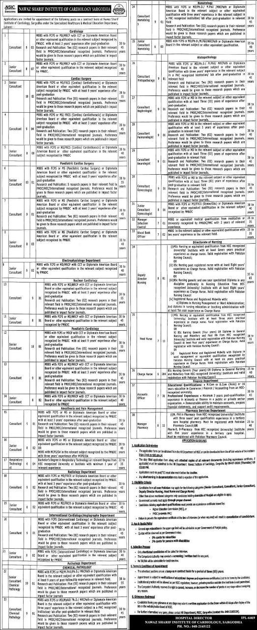 Applications Invited for Appointment of Posts on Contract Basis – Nawaz Sharif Institute of Cardiology, Sargodha Jobs 2026