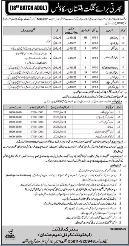 Recruitment for Gilgit-Baltistan Scouts (18th Batch ADDL) – Gilgit-Baltistan Scouts, Senior Commandant Office Jobs 2026
