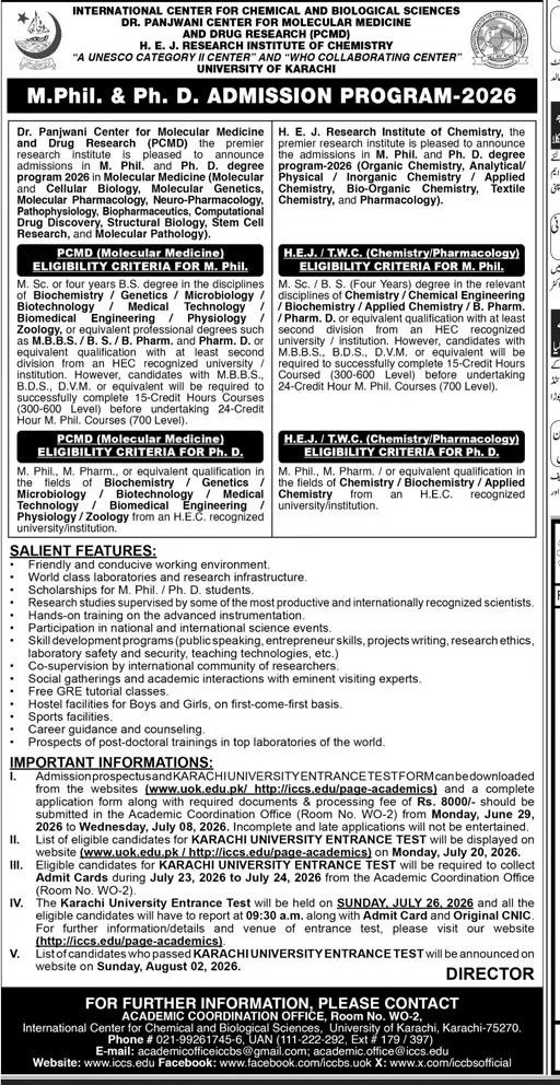 M.Phil. & Ph.D. Admission Program-2026 – International Center for Chemical and Biological Sciences, Dr. Panjwani Center for Molecular Medicine and Drug Research (PCMD) & H.E.J. Research Institute of Chemistry, University of Karachi Jobs 2026