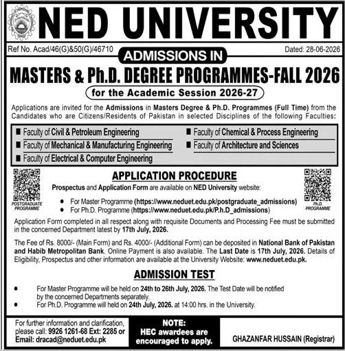 Admissions in Masters & Ph.D. Degree Programmes - Fall 2026 – NED University Jobs 2026
