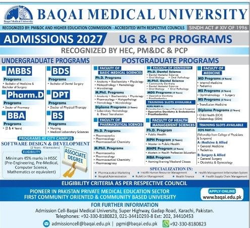 Admissions 2027 - UG & PG Programs – Baqai Medical University Jobs 2026