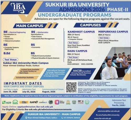 Sukkur IBA University Admissions 2026 Phase-II - Undergraduate Programs Jobs 2026