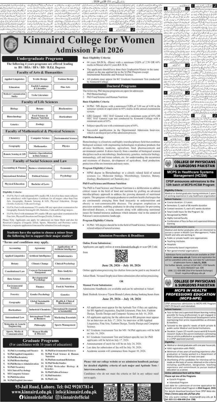 Admission Fall 2026 – Kinnaird College for Women Jobs 2026