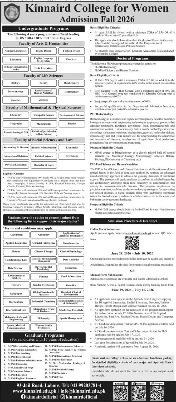 Admission Fall 2026 – Kinnaird College for Women Jobs 2026