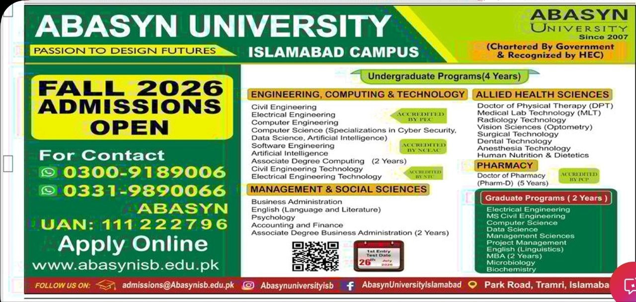 Fall 2026 Admissions Open – Abasyn University Islamabad Campus Jobs 2026