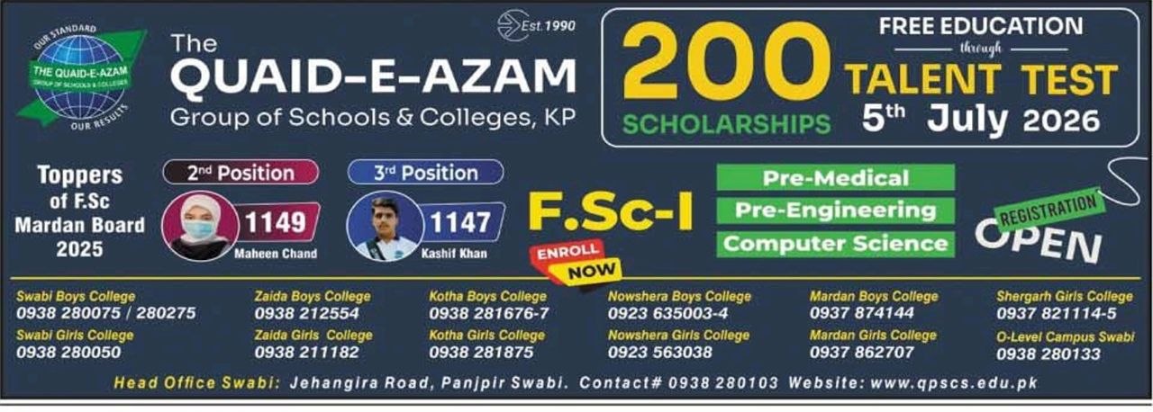 200 Scholarships through Talent Test - Free Education – The Quaid-e-Azam Group of Schools & Colleges, KP Jobs 2026