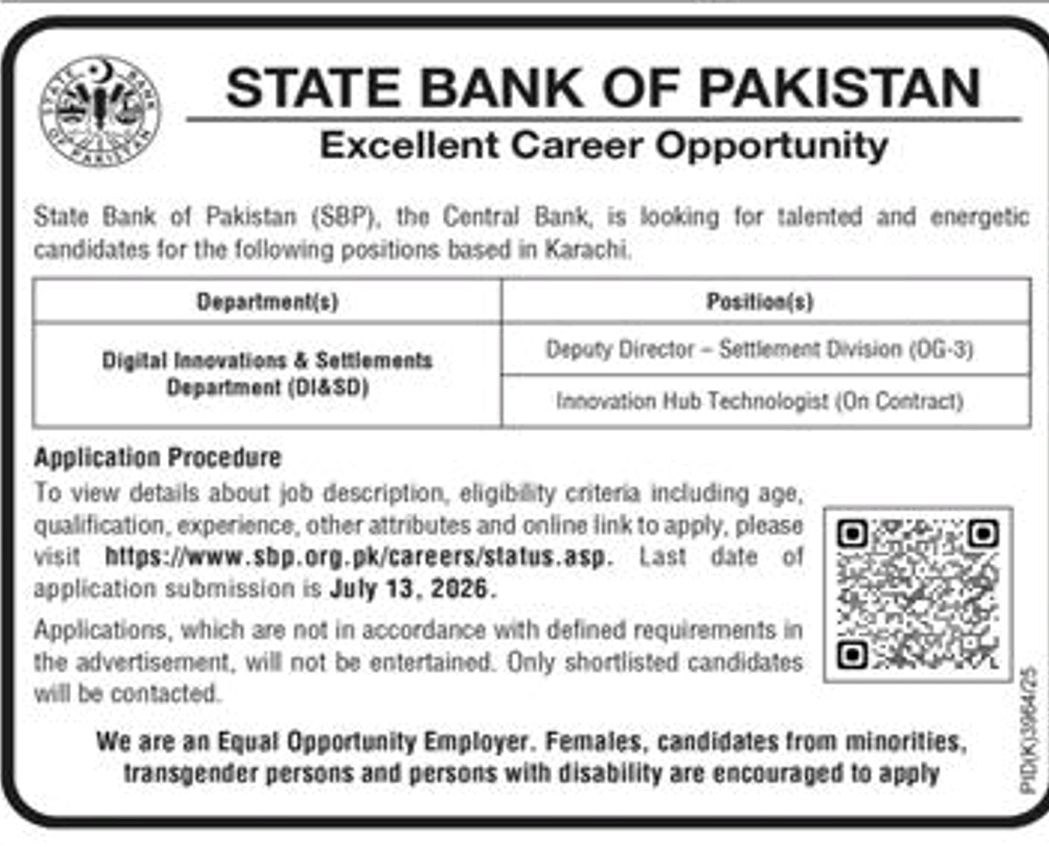 Excellent Career Opportunity – State Bank of Pakistan (SBP) Jobs 2026
