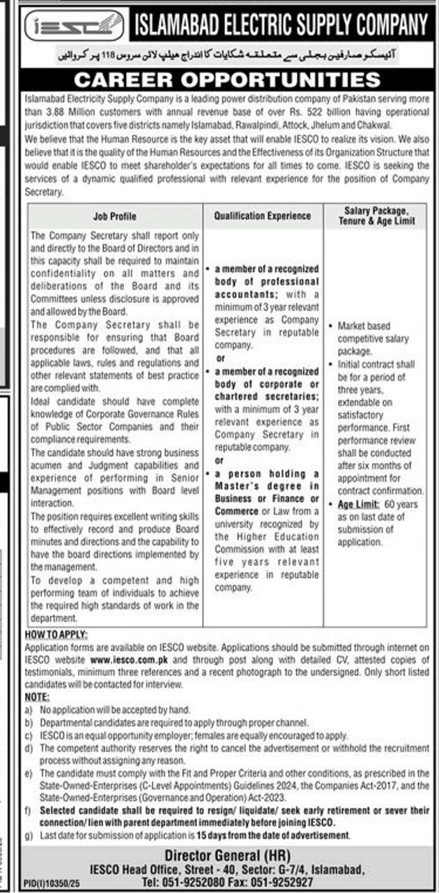 Career Opportunities - Company Secretary – Islamabad Electric Supply Company (IESCO) Jobs 2026