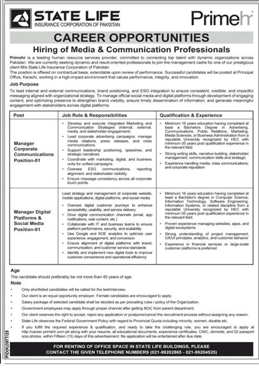 Career Opportunities - Hiring of Media & Communication Professionals – State Life Insurance Corporation of Pakistan (via PrimeHR) Jobs 2026