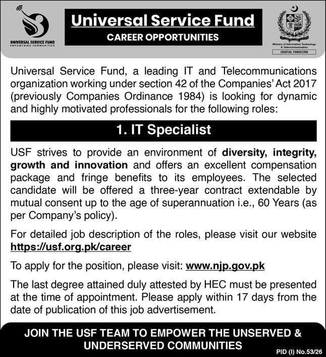 Career Opportunities - IT Specialist – Universal Service Fund (USF) Jobs 2026