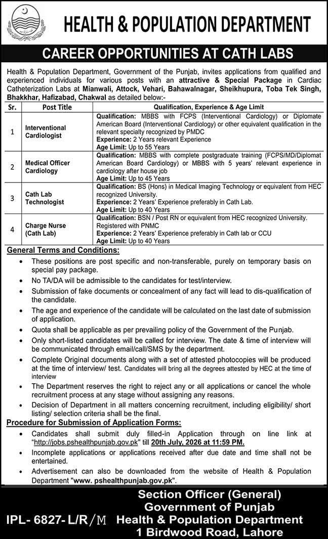 Career Opportunities at Cath Labs – Health & Population Department, Government of the Punjab Jobs 2026
