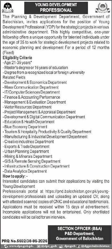 Young Development Professional (YDP) – Planning & Development Department, Government of Balochistan Jobs 2026