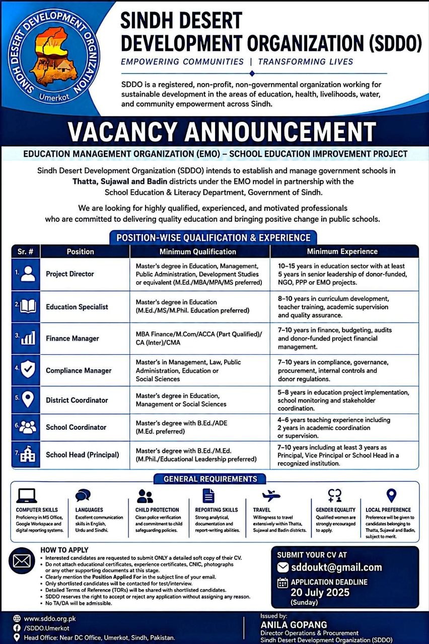 Vacancy Announcement – Education Management Organization (EMO) – School Education Improvement Project – Sindh Desert Development Organization (SDDO) Jobs 2026