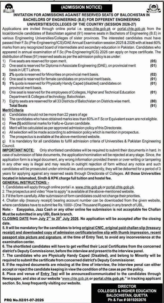Invitation for Admissions Against Reserved Seats of Balochistan in Bachelors of Engineering (B.E) for Different Engineering Universities/Colleges of the Country (Session 2026-27) – Directorate of Colleges & Higher Education, Balochistan, Quetta Jobs 2026