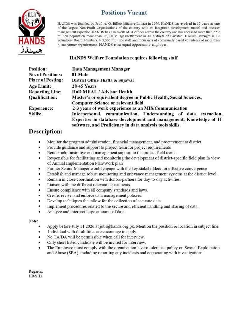 Positions Vacant - Data Management Manager – HANDS Welfare Foundation Jobs 2026