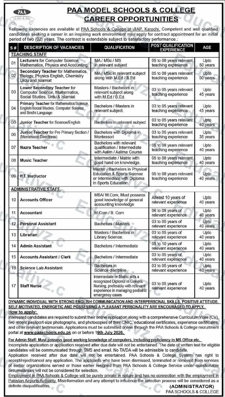 PAA Model Schools & College Career Opportunities – PAA Schools & College (Pakistan Airports Authority) Jobs 2026