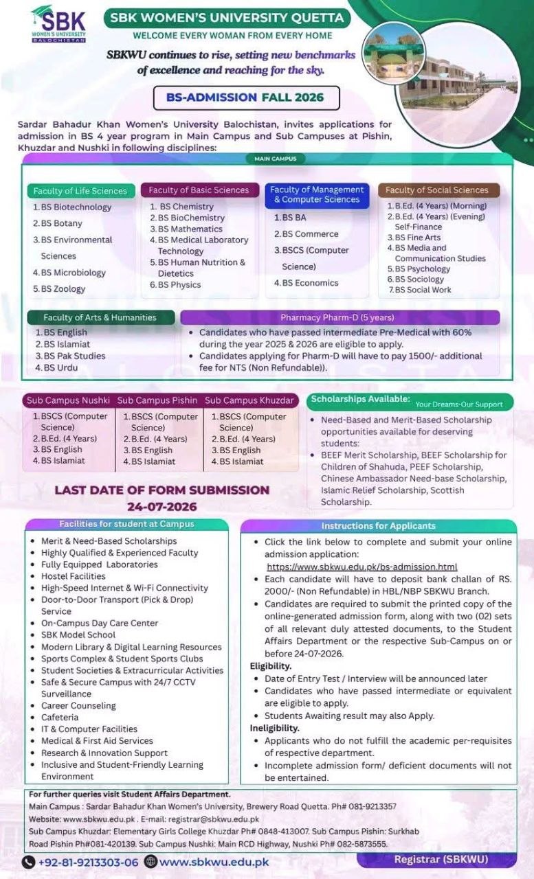 BS-Admission Fall 2026 – Sardar Bahadur Khan Women's University Balochistan (SBK Women's University Quetta) Jobs 2026