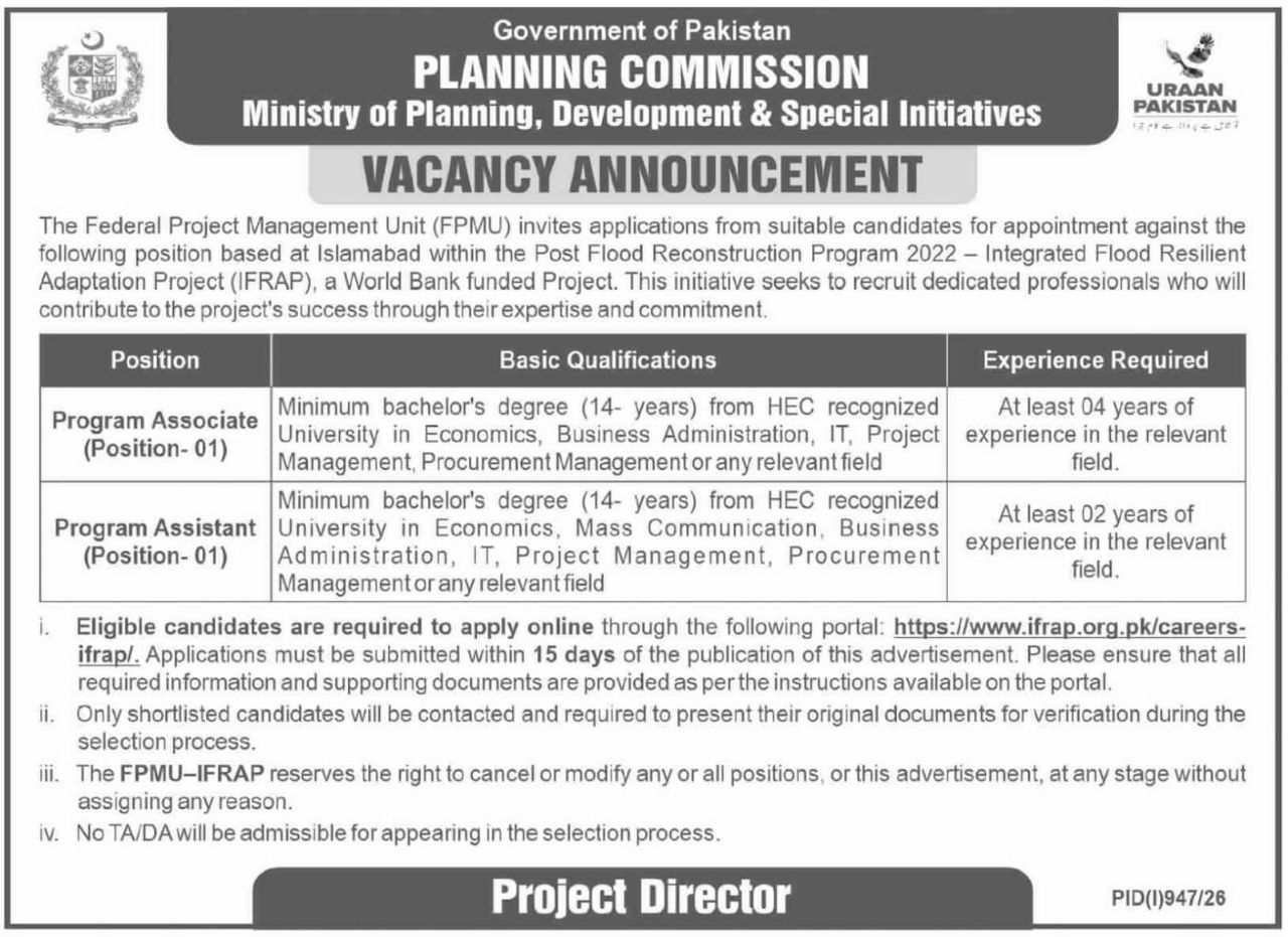 Vacancy Announcement – Planning Commission, Ministry of Planning, Development & Special Initiatives – Federal Project Management Unit (FPMU), IFRAP Jobs 2026