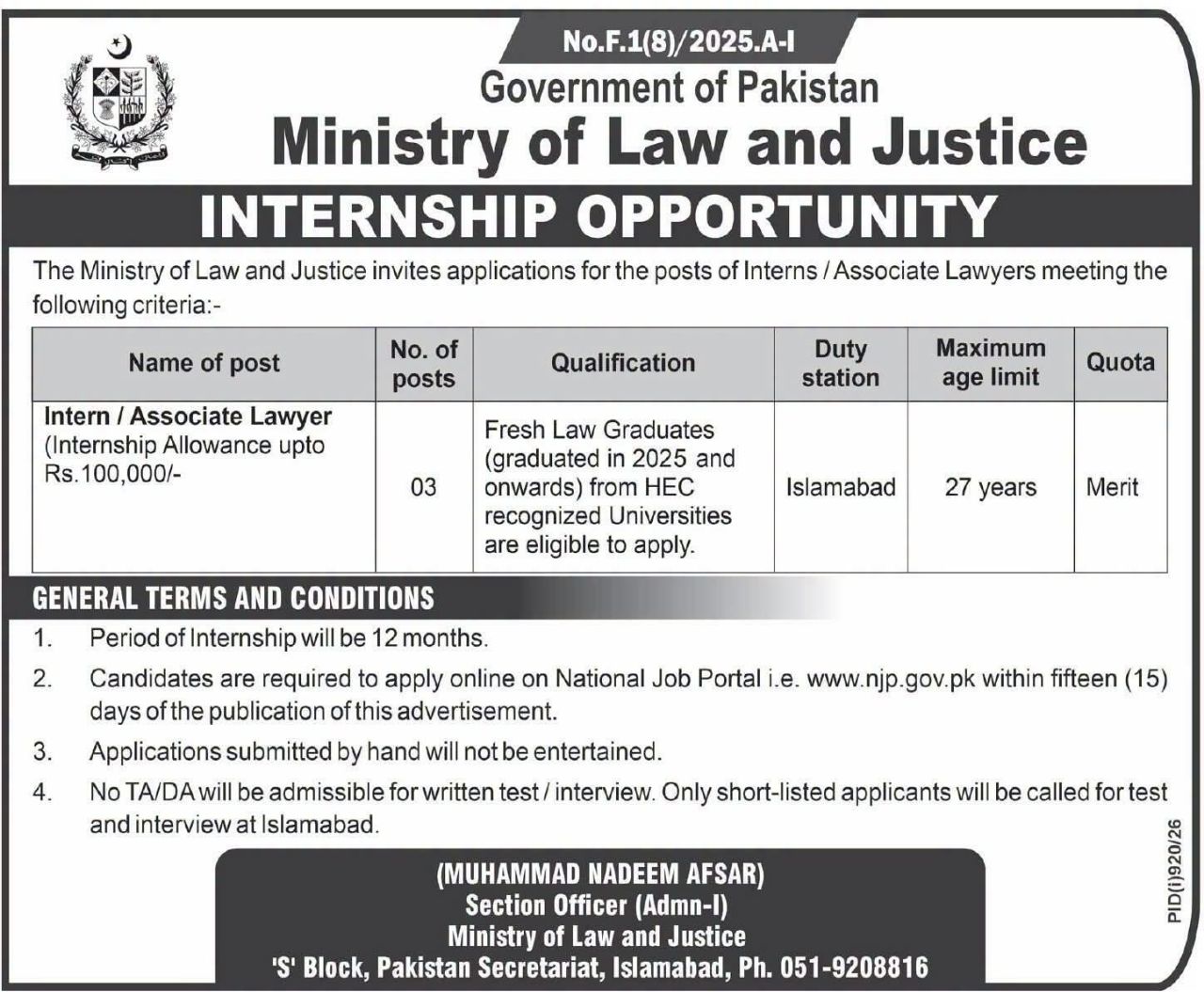 Internship Opportunity - Intern / Associate Lawyer – Ministry of Law and Justice Jobs 2026