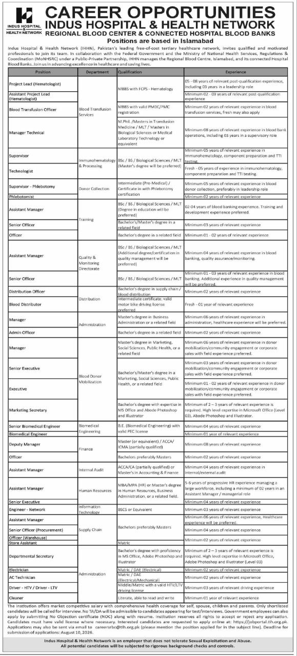Career Opportunities at Indus Hospital & Health Network – Regional Blood Center & Connected Hospital Blood Banks – Indus Hospital & Health Network (IHHN) Jobs 2026 — original newspaper advertisement