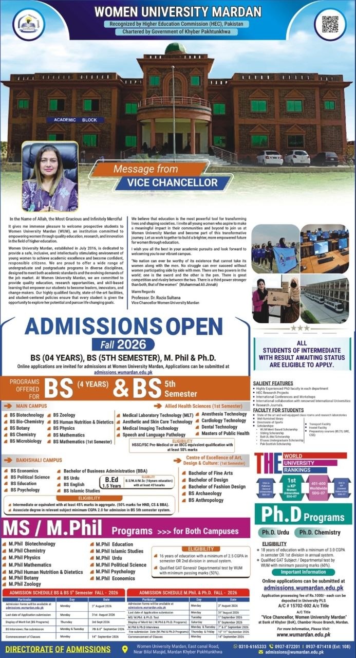 Admissions Open Fall 2026 – BS (4 Years), BS (5th Semester), M.Phil & Ph.D. – Women University Mardan Admissions 2026 — original newspaper advertisement