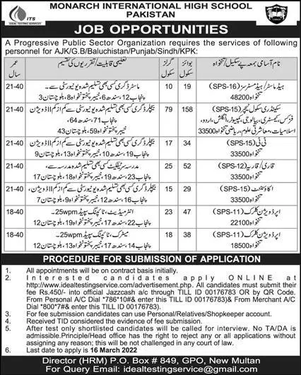 Monarch International High School Jobs in Pakistan 2022 – Public Sector Organization Jobs 2022 — original advertisement